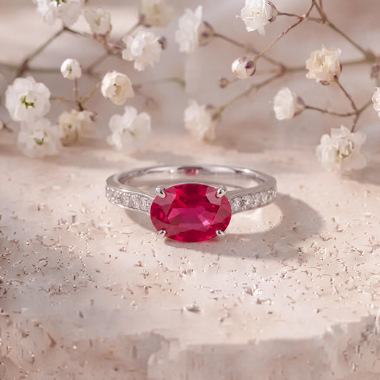 Genuine Ruby and Diamond Oval East-West Ring | 14k Solid White Gold