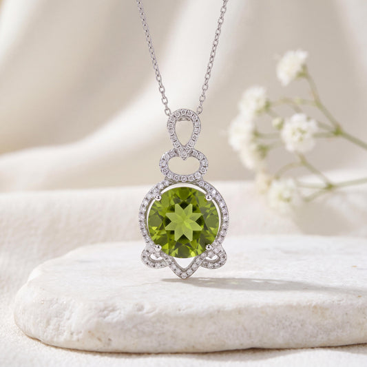 Genuine 4 ct Peridot and Diamond Pendant in 14k Solid White Gold
