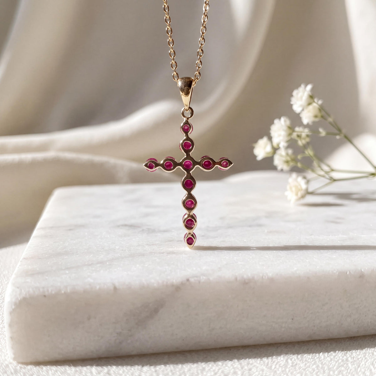 Genuine Ruby Round Cut Cross Pendant, 14k Solid Gold, July Birthstone, Gift for Her
