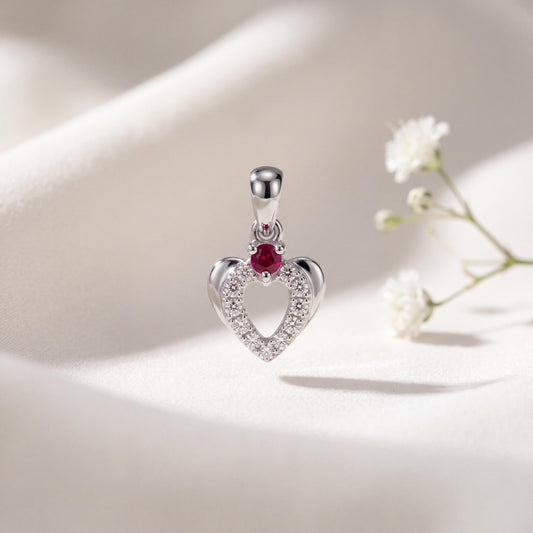 Genuine Ruby and Diamond Heart Pendant in 18k Solid White Gold