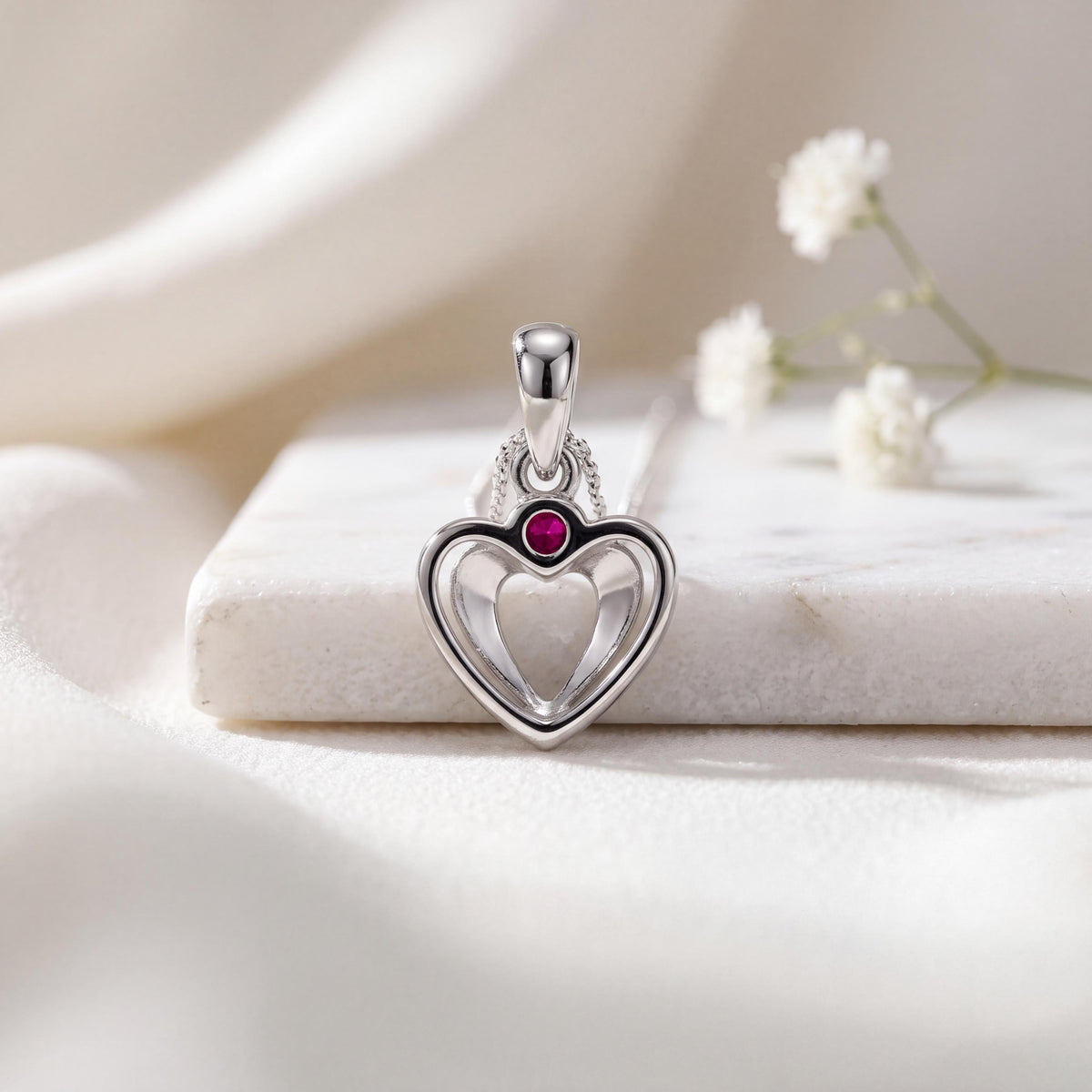 Genuine Ruby and Diamond Heart Pendant in 18k Solid White Gold
