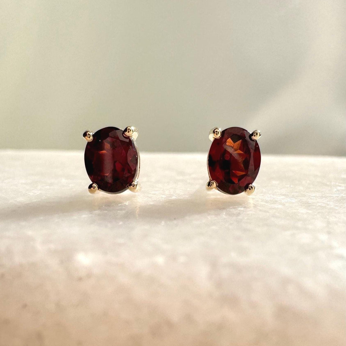 Genuine Garnet Oval Cut Solitaire Stud Earrings / 14k Solid Gold