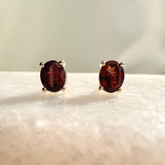 Genuine Garnet Oval Cut Solitaire Stud Earrings / 14k Solid Gold