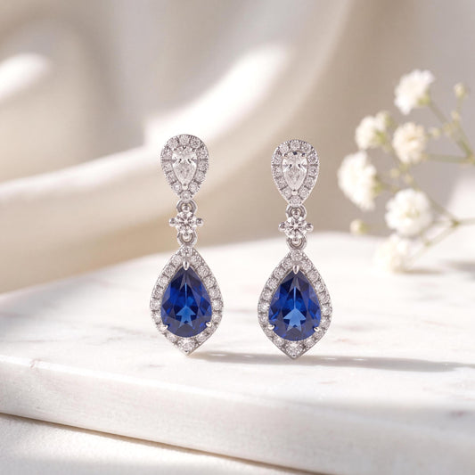 Genuine Teardrop Sapphires and Diamond Dangle Earrings in 18k Solid White Gold