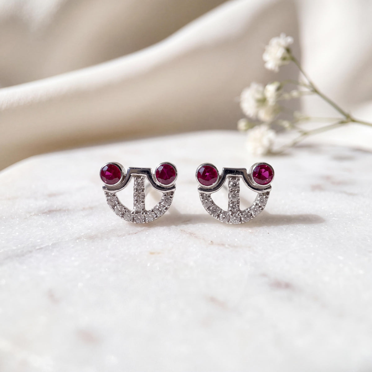 Genuine Ruby and Diamond Studs in 18k Solid White Gold