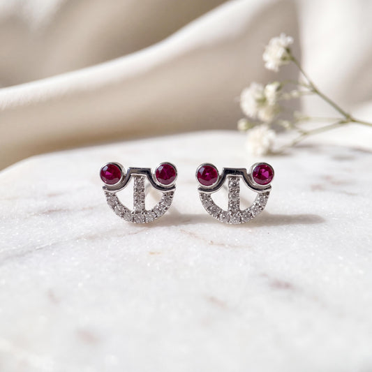 Genuine Ruby and Diamond Studs in 18k Solid White Gold