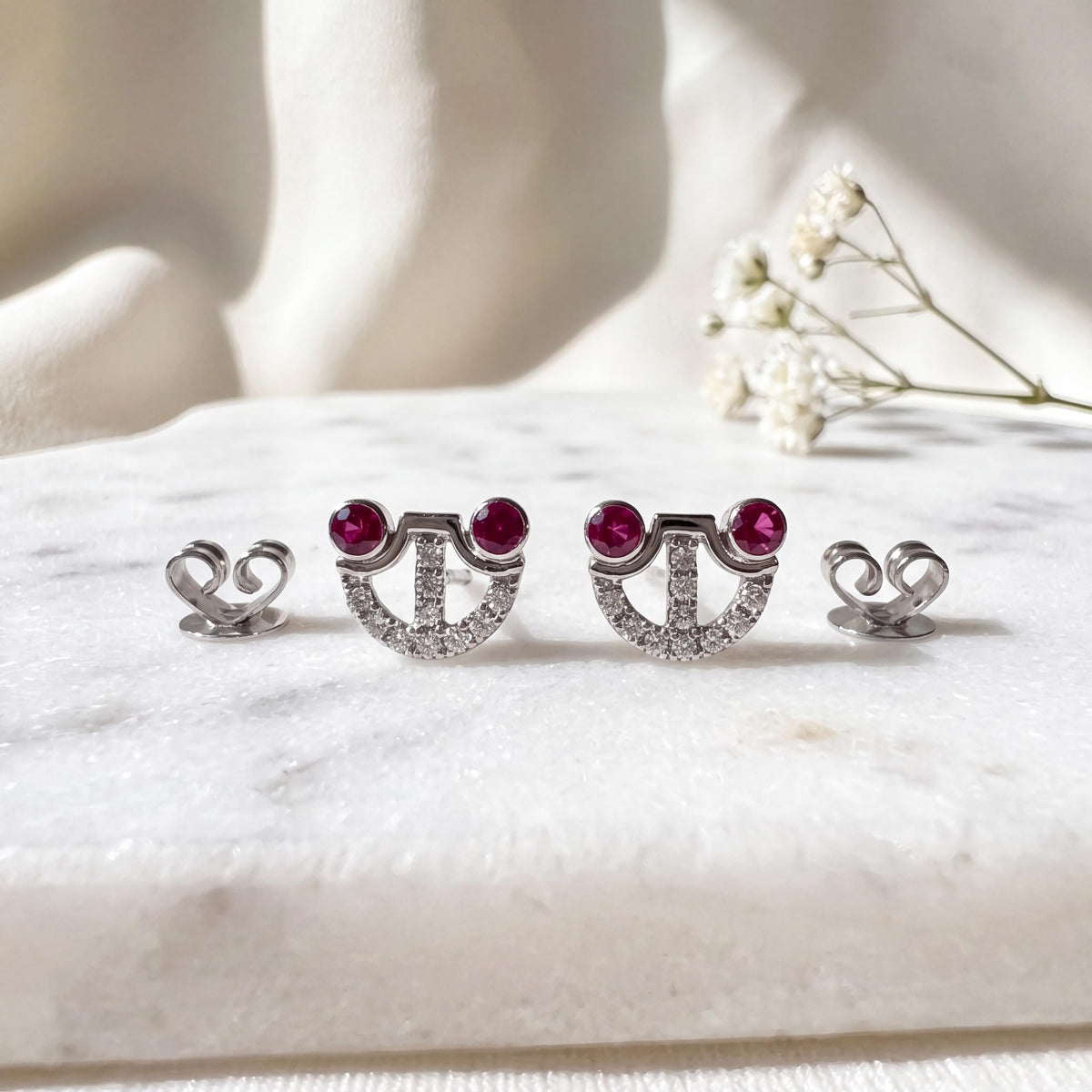 Genuine Ruby and Diamond Studs in 18k Solid White Gold