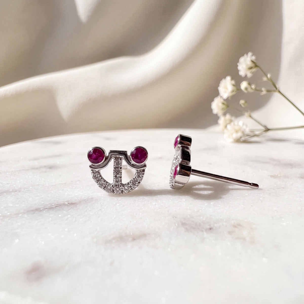 Genuine Ruby and Diamond Studs in 18k Solid White Gold