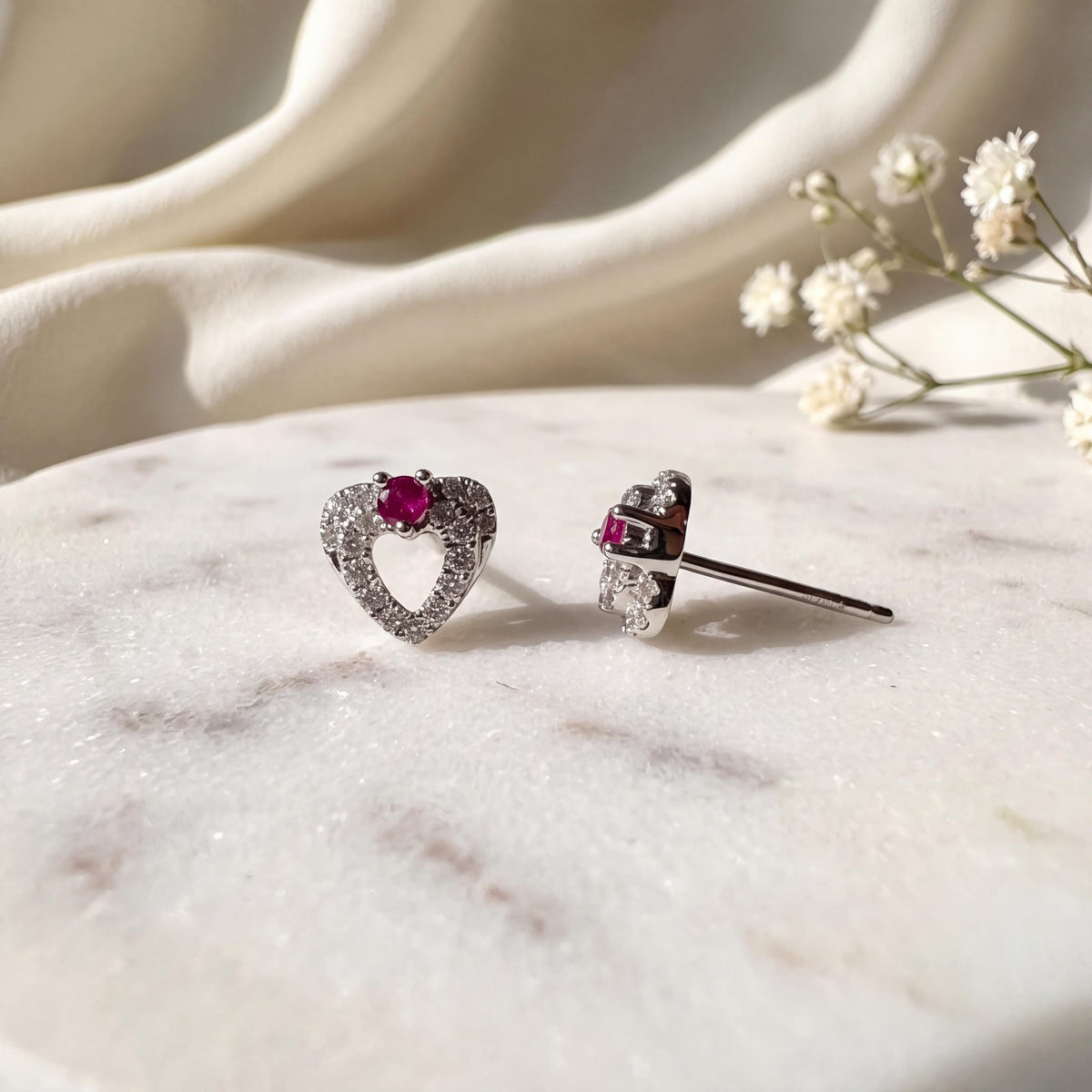 Genuine Ruby and Diamond Heart Stud Earrings in 18k Solid White Gold