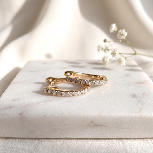 Genuine Dainty Diamond Latchback Hoop Earrings, 18k Solid Gold, April Birthstone, Gift for Her