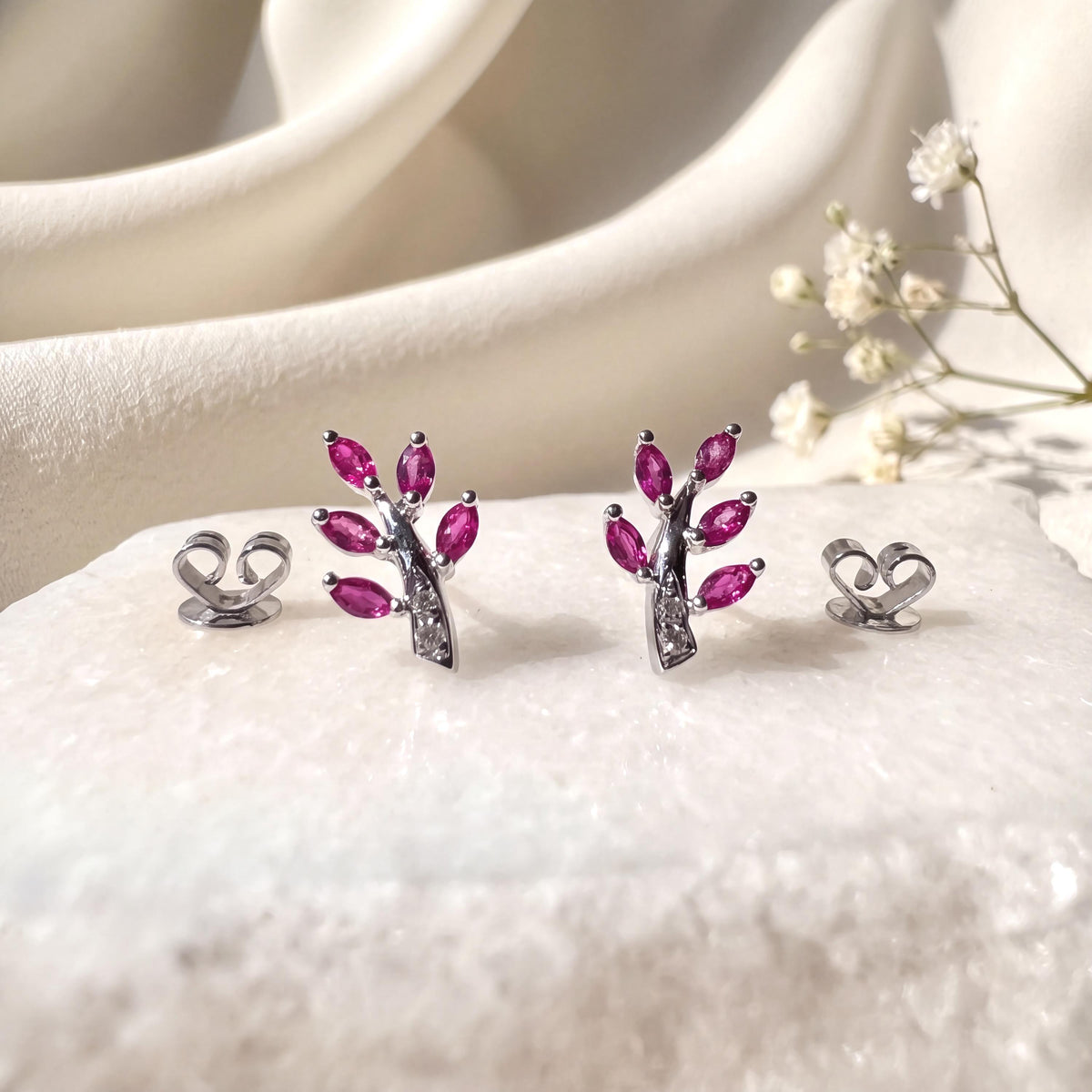 Genuine Ruby and Diamond Fern Stud Earrings in 14k Solid Gold
