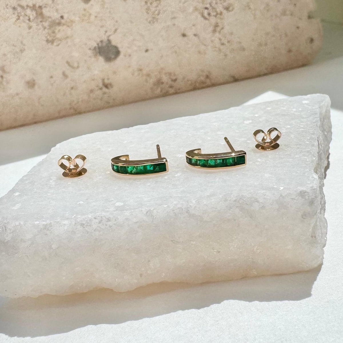 Natural Emerald Pavé Half Hoop Earrings, 14k Solid White Gold, May Birthstone Gift