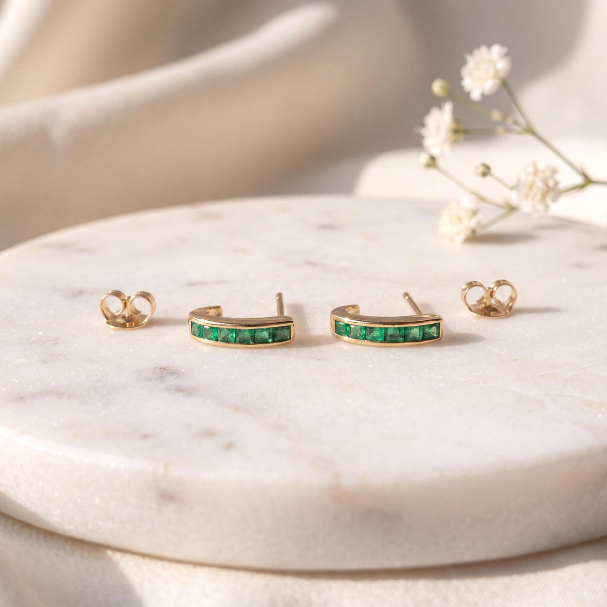Natural Emerald Pavé Half Hoop Earrings, 14k Solid White Gold, May Birthstone Gift