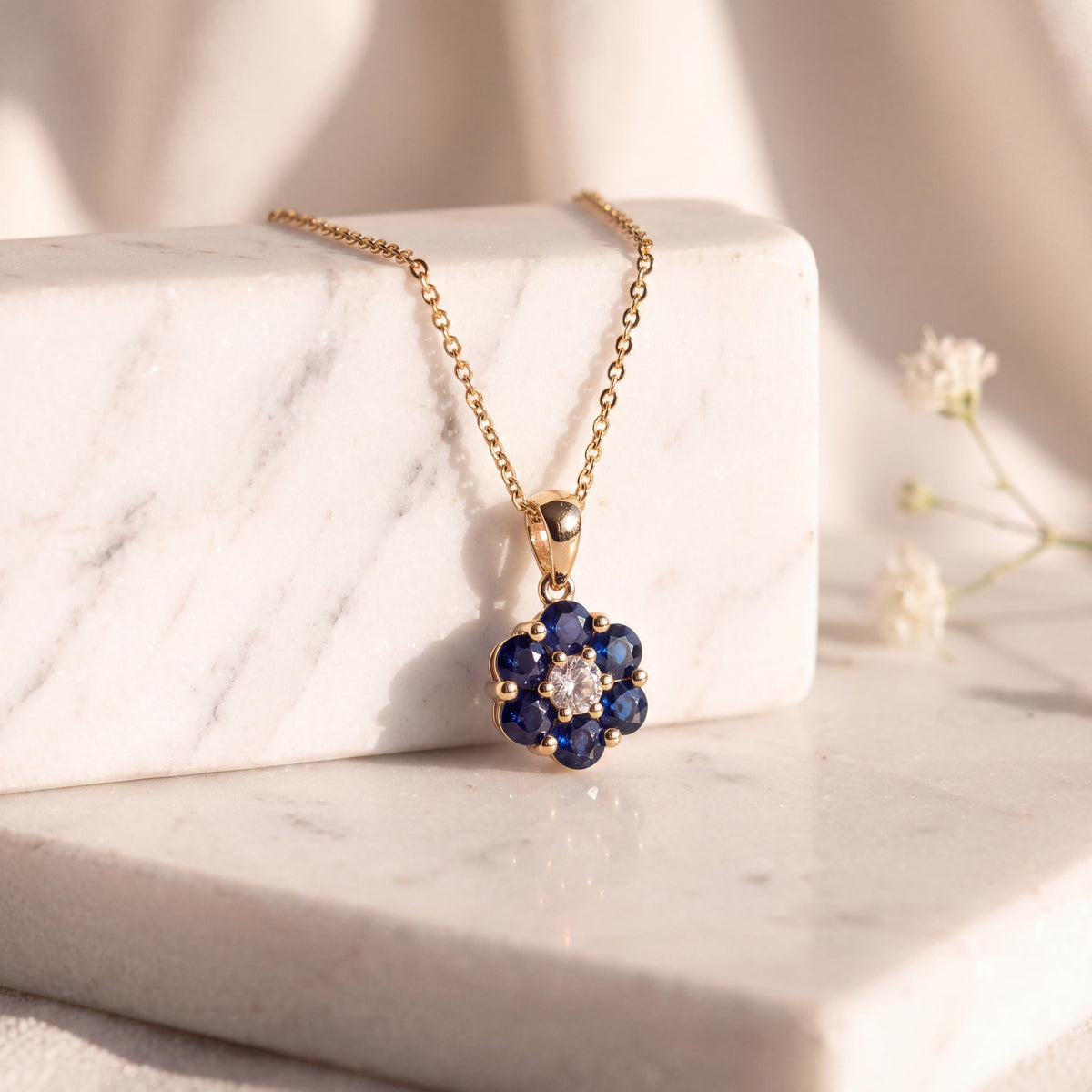 Genuine Sapphire and Diamond Flower Pendant, 14k Solid Gold, September Birthstone, Gift for Her