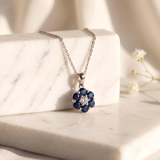 Genuine Sapphire and Diamond Flower Pendant, 14k Solid Gold, September Birthstone, Gift for Her