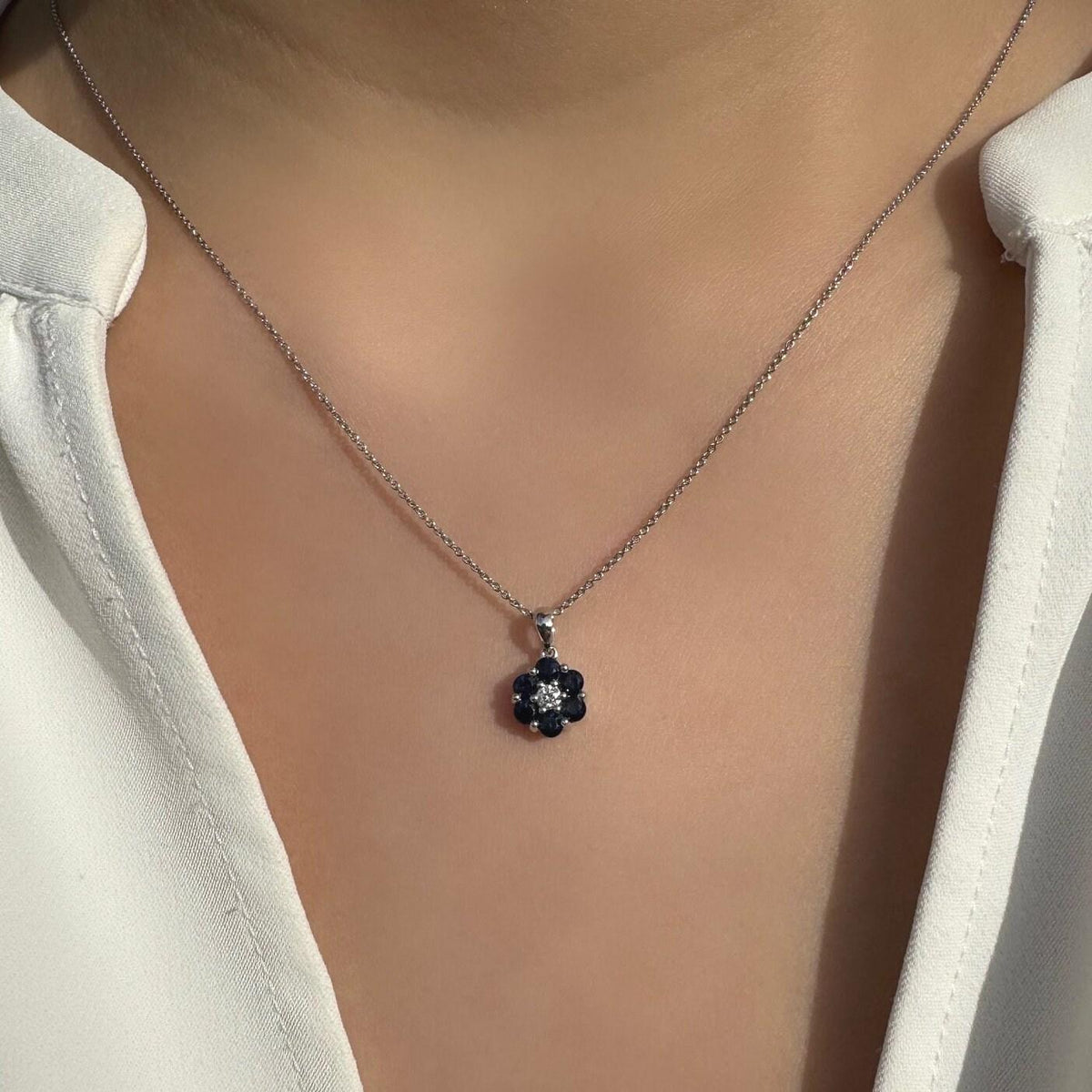 Genuine Sapphire and Diamond Flower Pendant, 14k Solid Gold, September Birthstone, Gift for Her