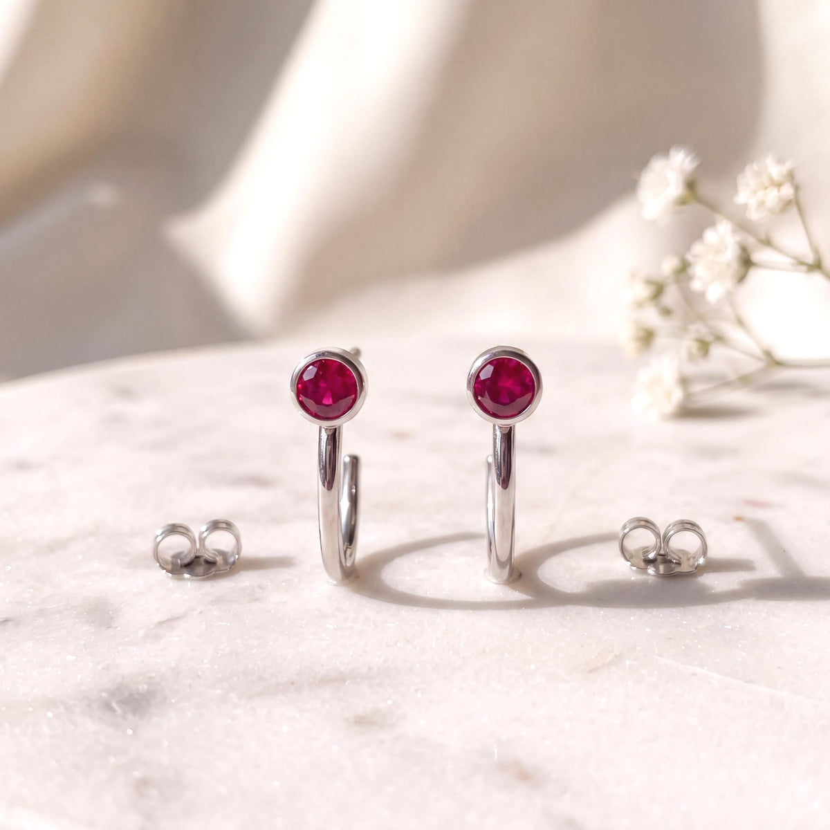 14k Solid White Gold Ruby Bezel Studs, July Birthstone