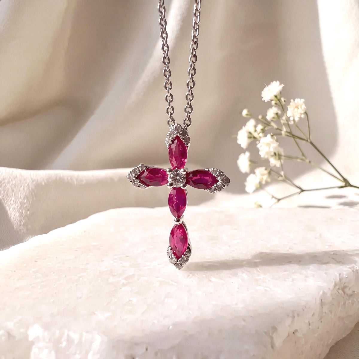 Genuine Ruby and Diamond Marquise Cross Pendant, 14k Solid Gold, July Birthstone, Gift for Her
