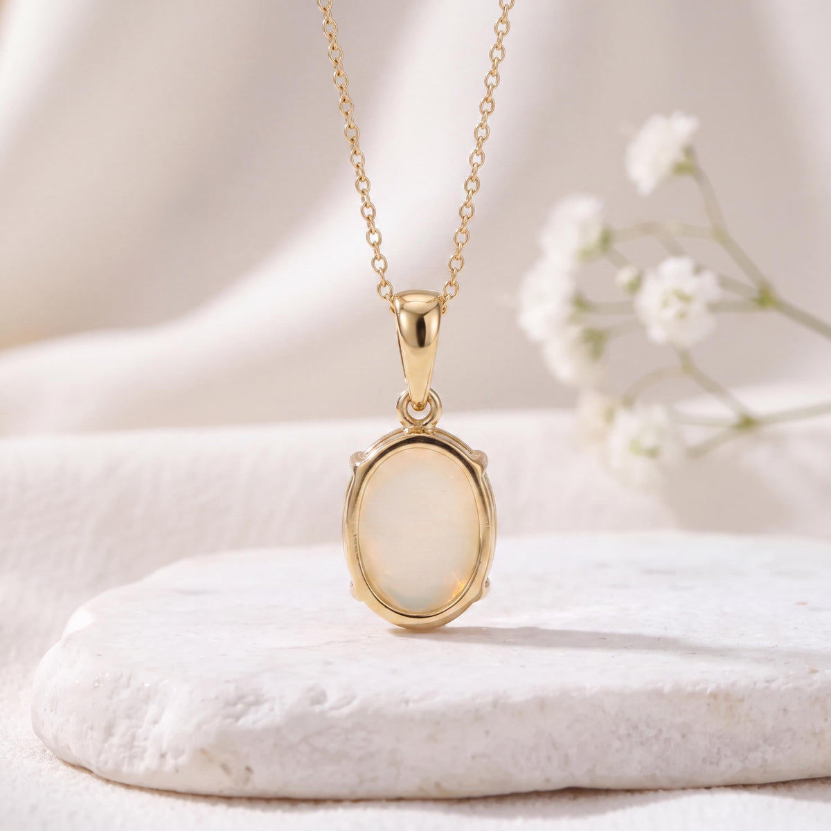 Genuine Oval Cut Opal Pendant | 14k Solid Gold
