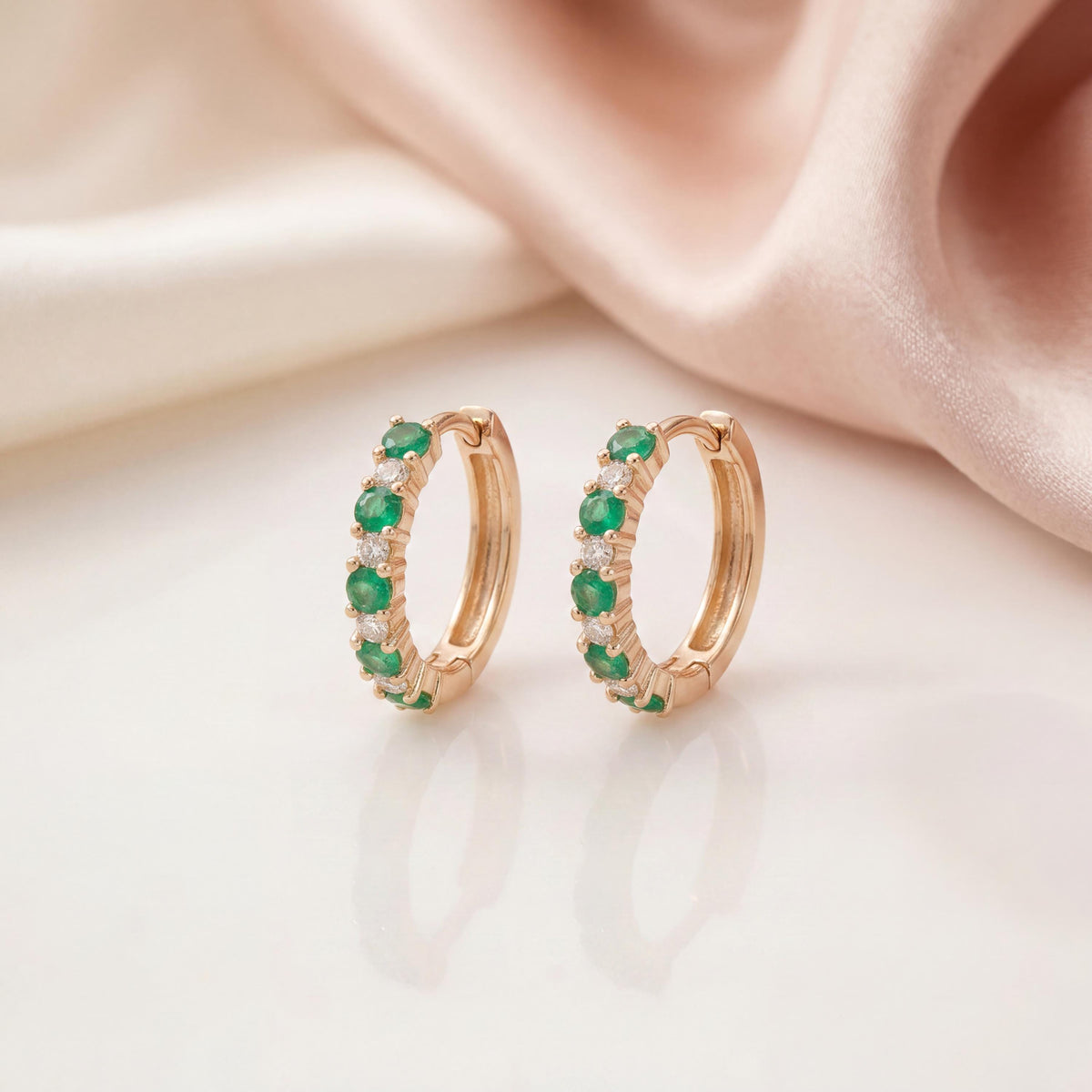 Emerald and Diamond Huggie Hoop Earrings | 14k Solid Gold and 18k Solid White Gold