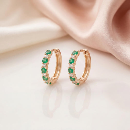 Emerald and Diamond Huggie Hoop Earrings | 14k Solid Gold and 18k Solid White Gold