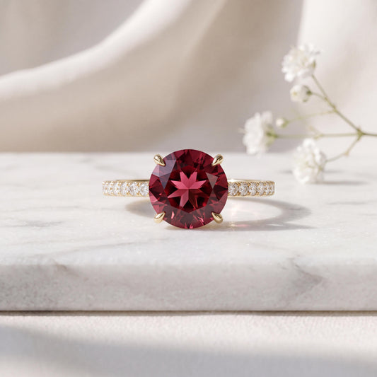Genuine 2.66 ct Red Tourmaline and Diamond Wedding Band｜18k Yellow Gold