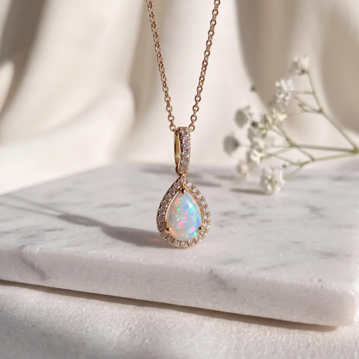 18k Solid Yellow Gold Pear Opal Diamond Pendant