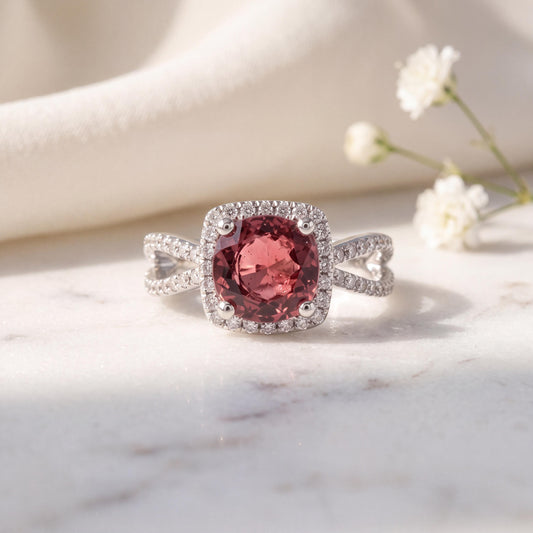 Genuine 1.85 ct Red Tourmaline and Diamond Round Halo Ring, Cushion Halo, 18k Solid White Gold, October Birthstone, Gift for Her