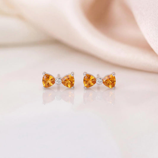 Genuine Citrine and Diamond Bow Stud Earrings in 14k Solid White Gold