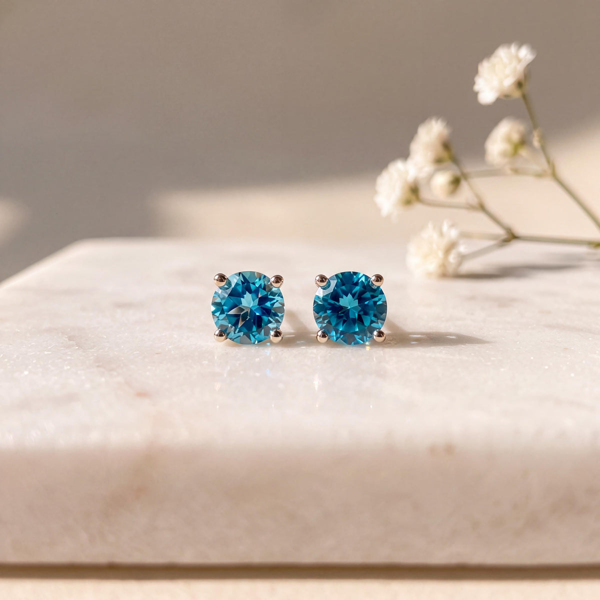 Genuine Blue Topaz 4mm Round Stud Earrings / 14k Solid Gold