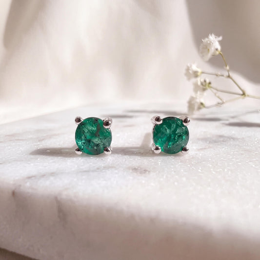 Emerald Stud Earrings, 14k Solid Gold, Genuine 3.6mm Round Cut Solitaire, May Birthstone Earrings, Gift for her