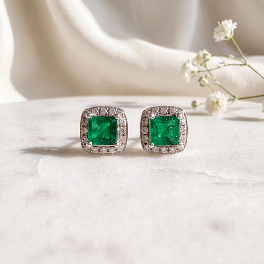 Genuine Princess Cut Emerald Diamond Stud Earrings, 18k White Gold, May Birthstone Jewelry, Gift for Her