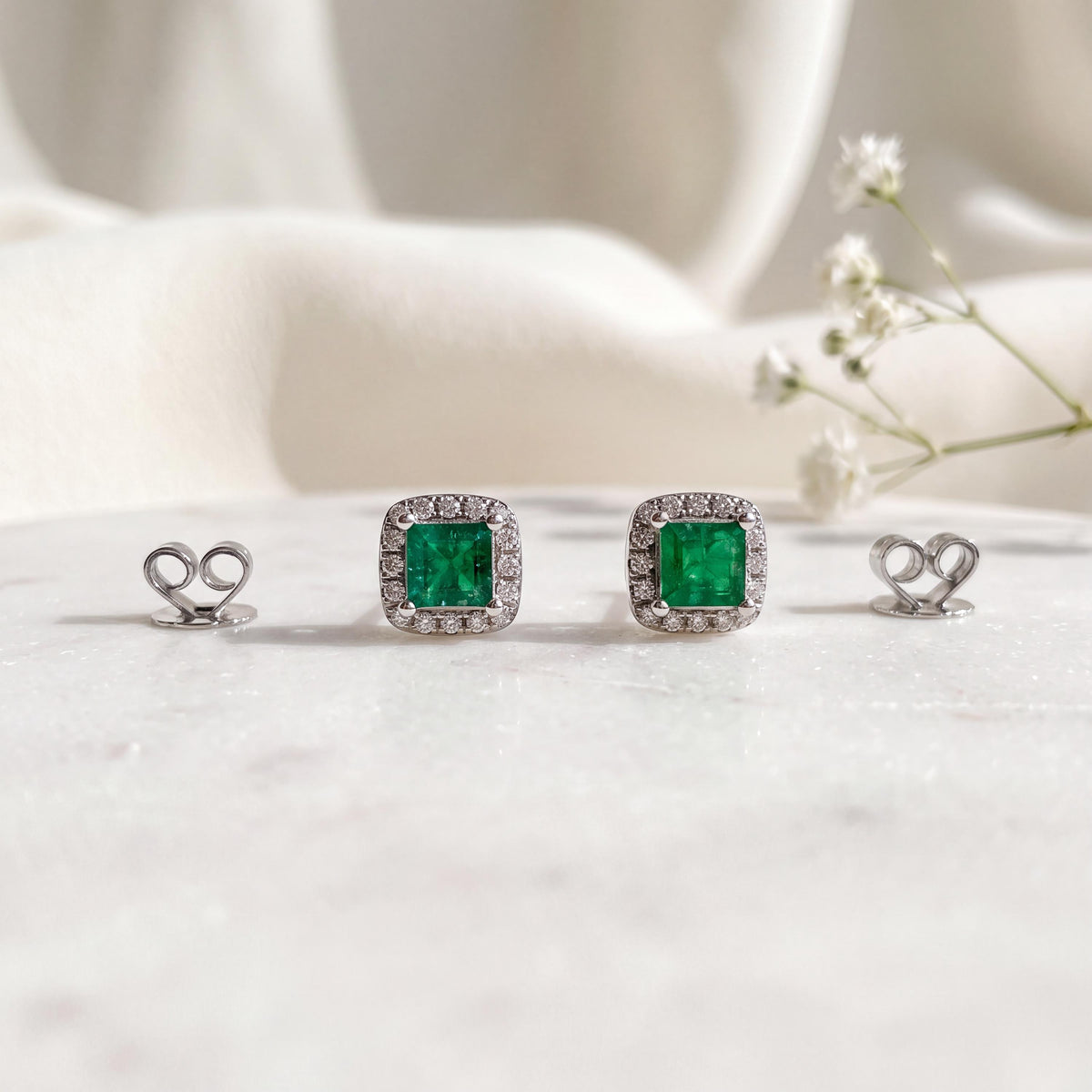 Genuine Princess Cut Emerald Diamond Stud Earrings, 18k White Gold, May Birthstone Jewelry, Gift for Her