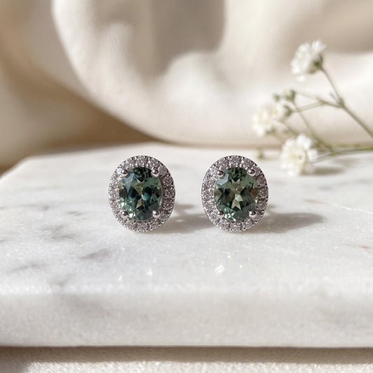 Genuine Green Sapphire and Diamond Oval Stud Earrings in 18k Solid White Gold