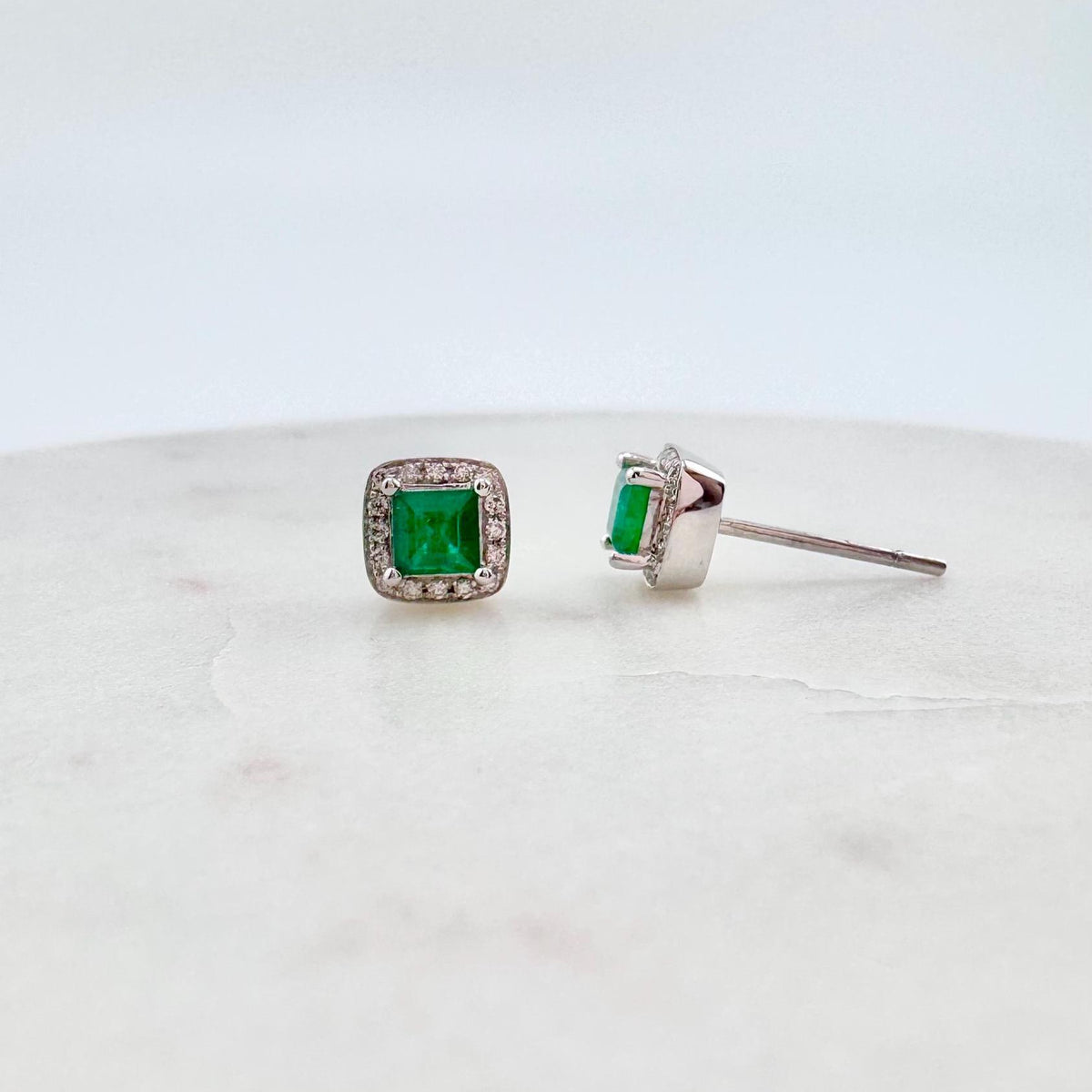 Genuine Princess Cut Emerald Diamond Stud Earrings, 18k White Gold, May Birthstone Jewelry, Gift for Her