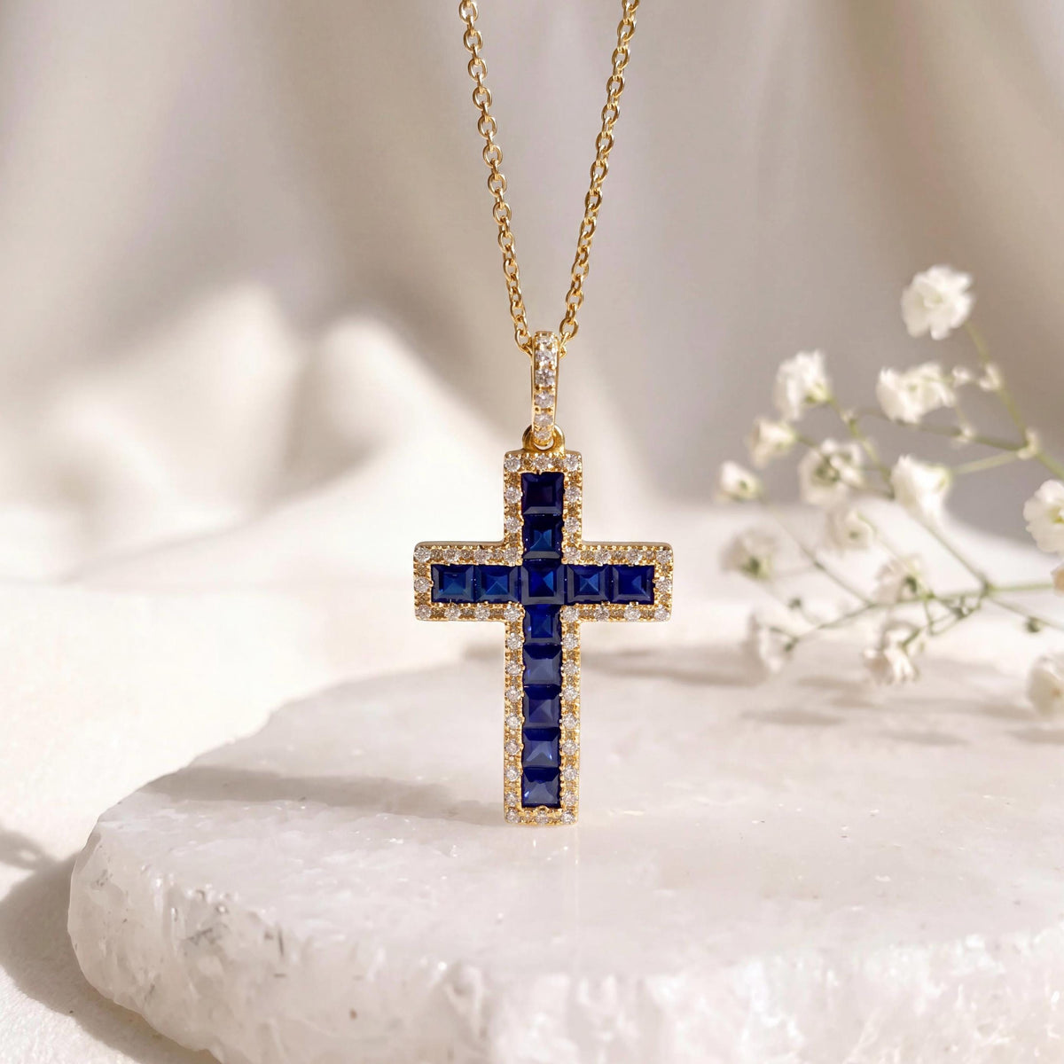 Genuine Sapphire and Diamond Tapered Cross Pendant | 14k Solid Gold