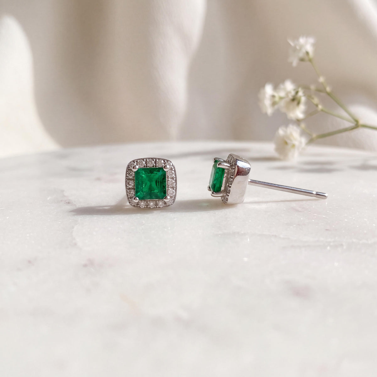 Genuine Princess Cut Emerald Diamond Stud Earrings, 18k White Gold, May Birthstone Jewelry, Gift for Her