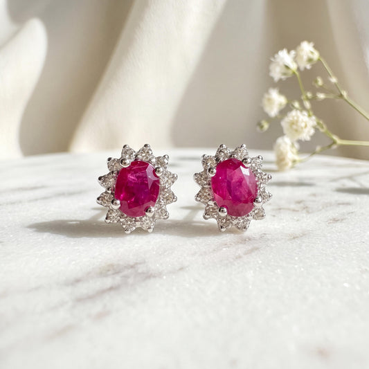 Ruby Diamond Solaris Earrings, Genuine 14k Solid Gold Sunburst Cluster, July Birthstone