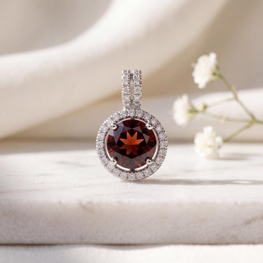 Tourmaline Diamond Halo Pendant, Genuine 1.98ct Round Red Tourmaline, 18k Solid Gold, October Birthstone