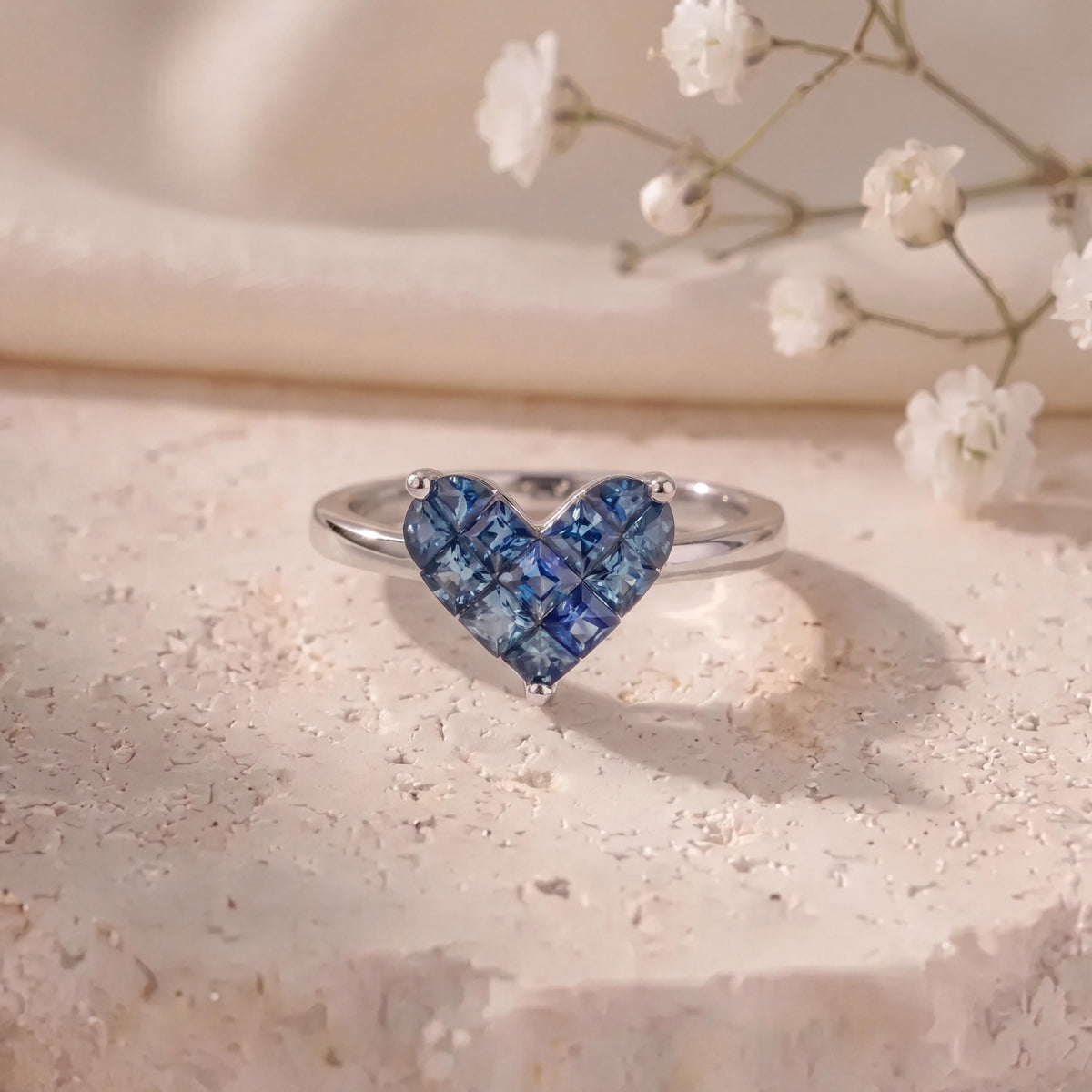 Genuine Sapphire Heart Ring in 14k White Gold