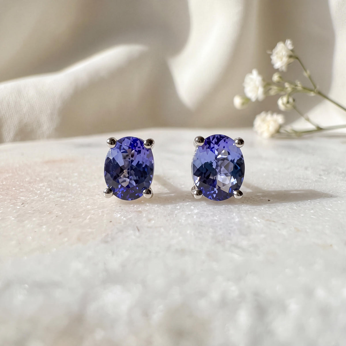 Genuine Tanzanite Stud Earrings, Oval Cut Solitaire, 14k Solid Gold, December Birthstone