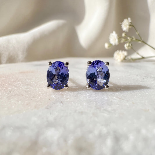 Genuine Tanzanite Stud Earrings, Oval Cut Solitaire, 14k Solid Gold, December Birthstone