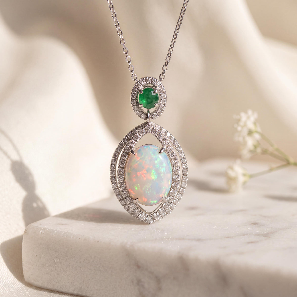 Genuine 1.26 ct Oval Opal and Diamond and Burmese Green Jade Pendant in 18k Solid White Gold