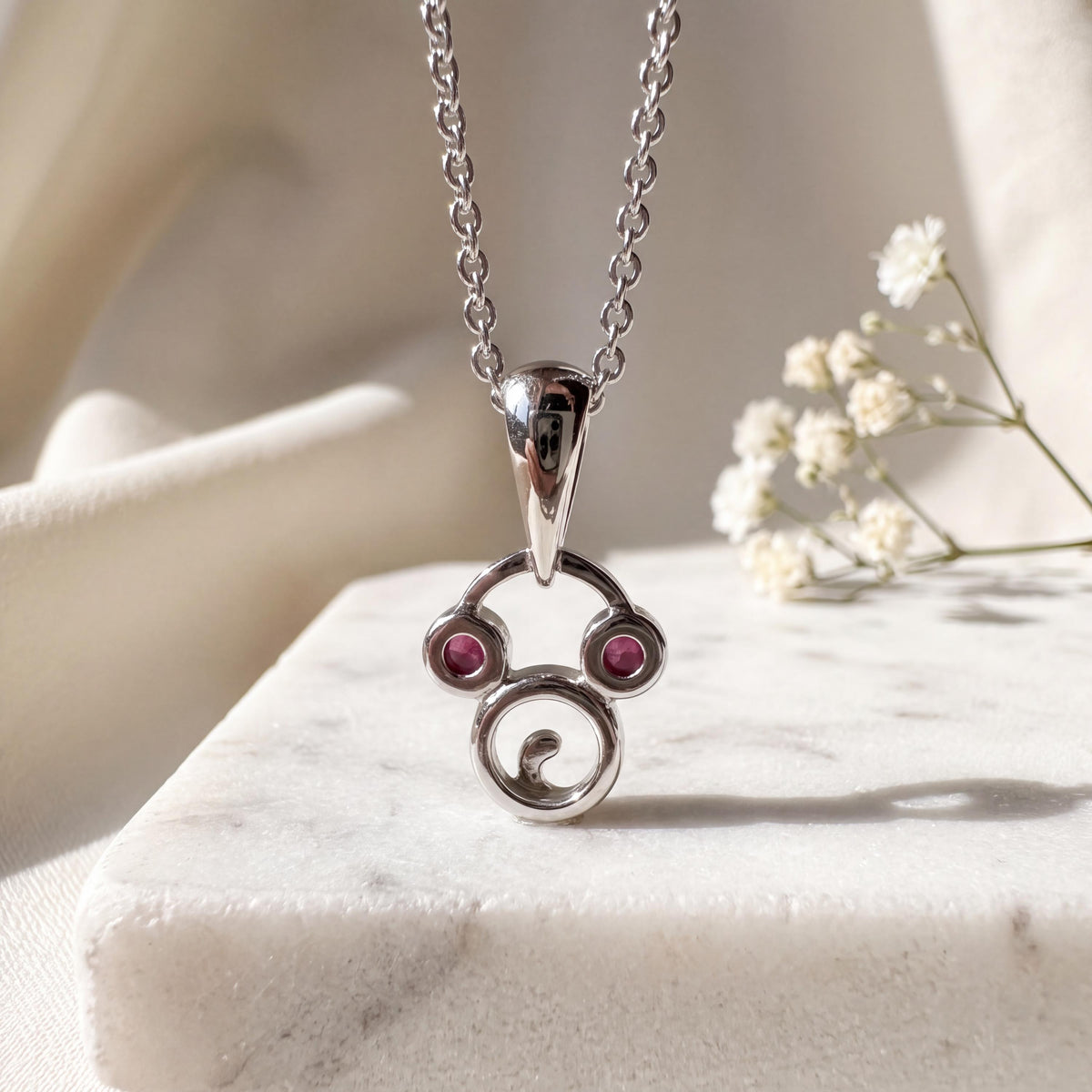 Genuine Ruby Round Cut Mickey Pendant in 18k Solid White Gold