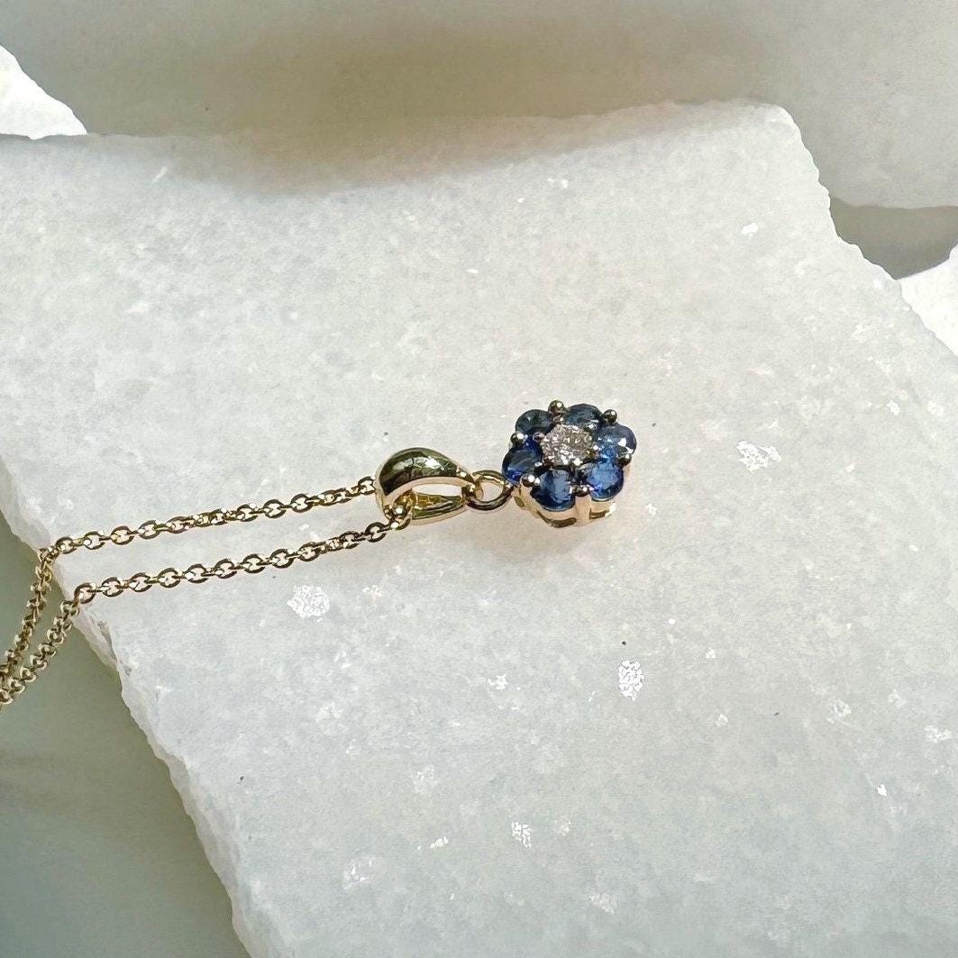 Genuine Sapphire and Diamond Flower Pendant, 14k Solid Gold, September Birthstone, Gift for Her