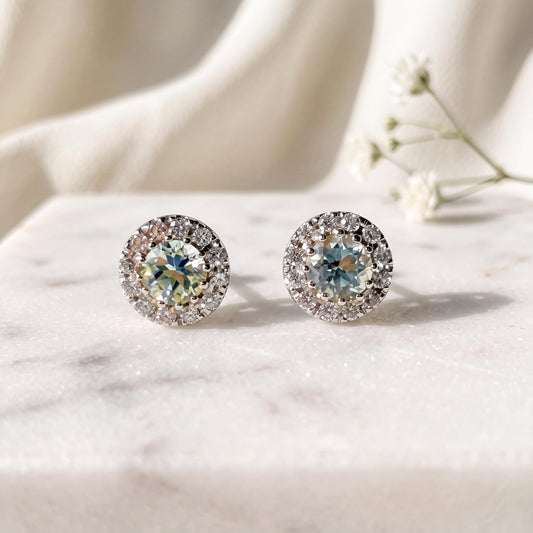 Genuine Aquamarine and Diamond Halo Round Studs in 18k Solid Gold