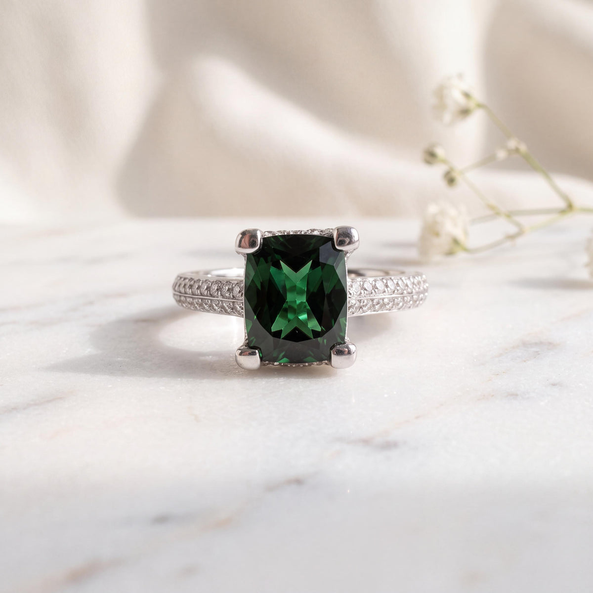 Genuine Cushion Cut Green Tourmaline and Diamond Ring | 18k Solid White Gold