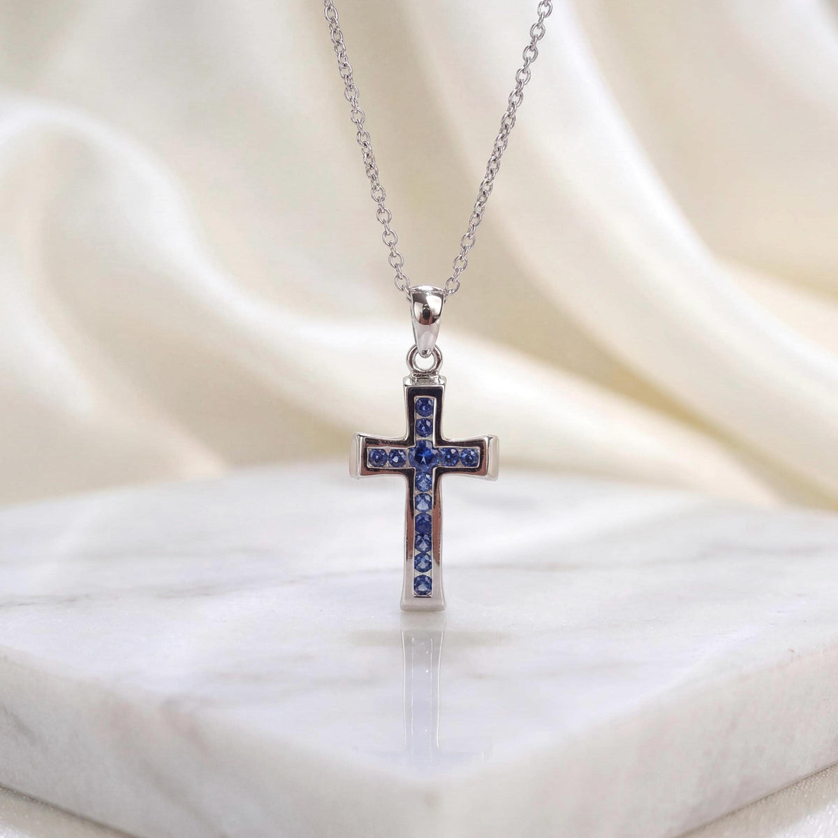Genuine Sapphire Mini Tapered Cross Pendant in 18k Solid Gold