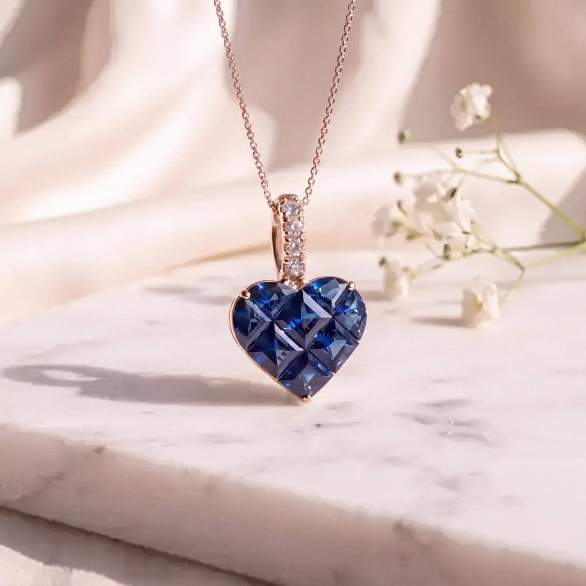 Genuine Sapphire Diamond Pavé Heart Pendant, 14k Solid Gold, September Birthstone, Gift for Her
