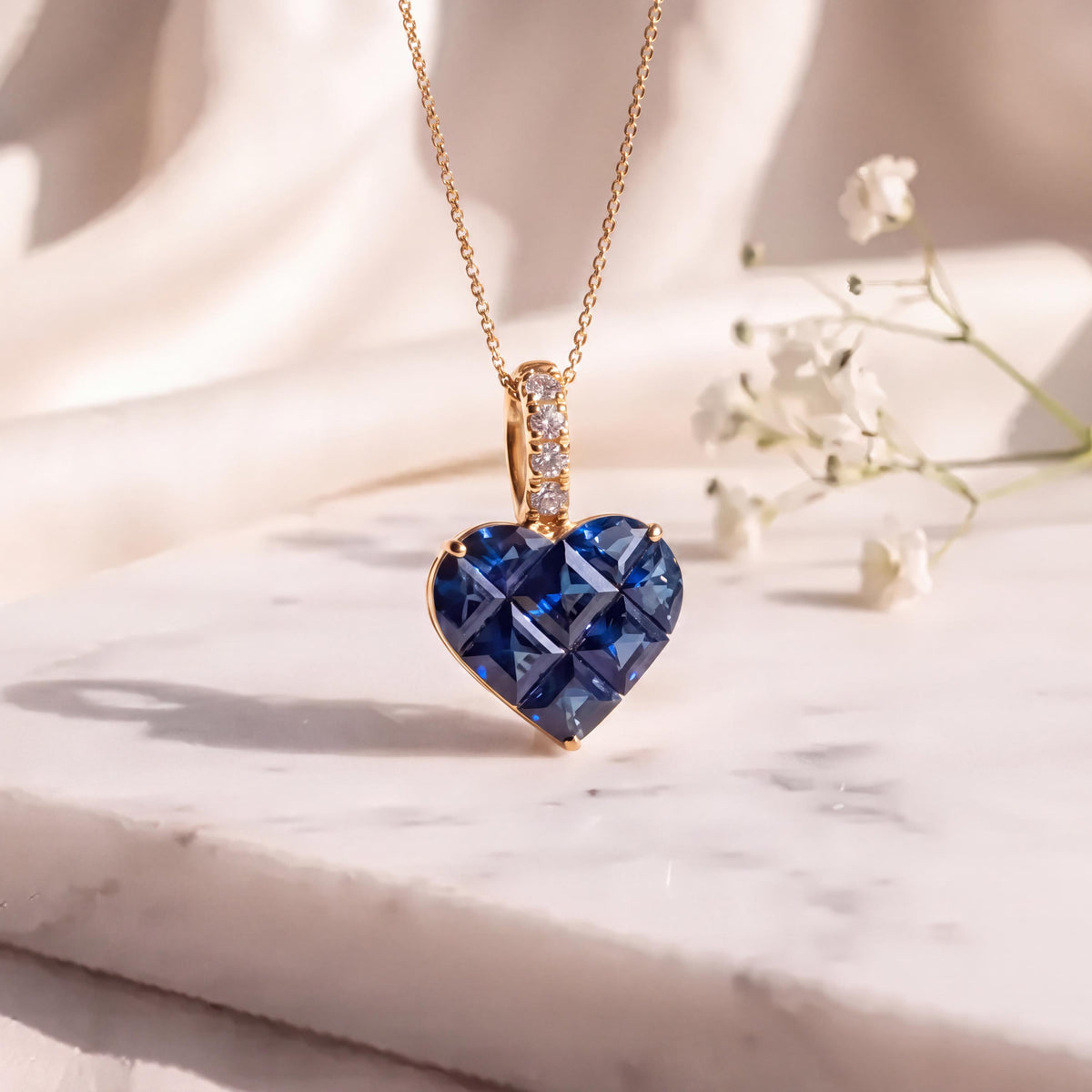 Genuine Sapphire Diamond Pavé Heart Pendant, 14k Solid Gold, September Birthstone, Gift for Her